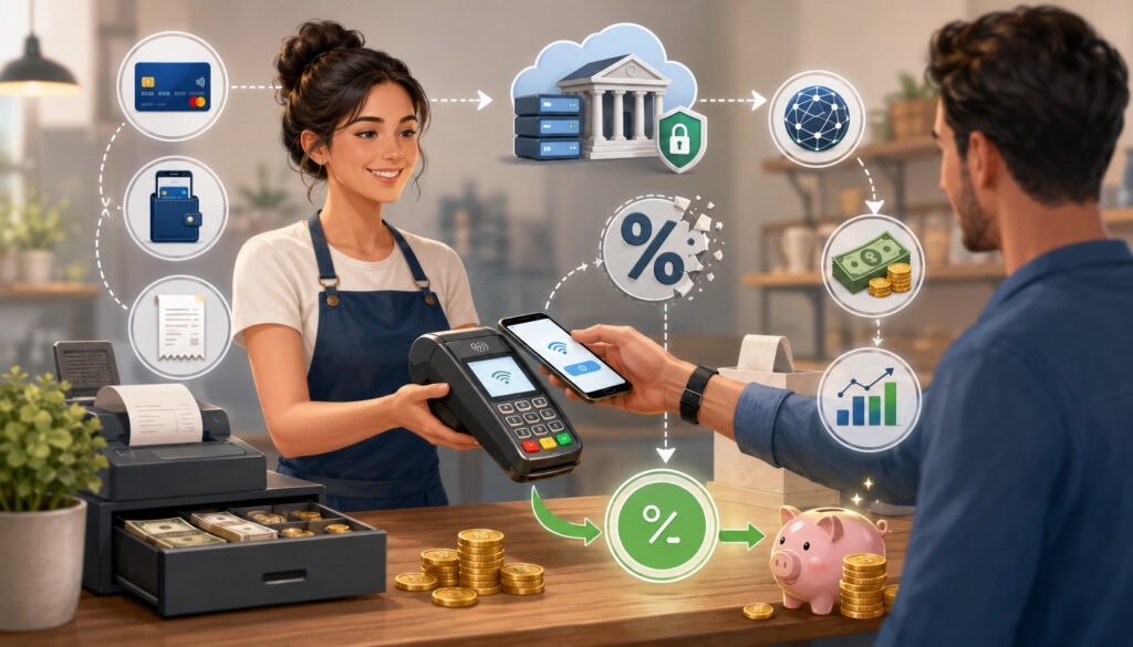 Zero-fee payment processing checkout with POS terminal and savings icons