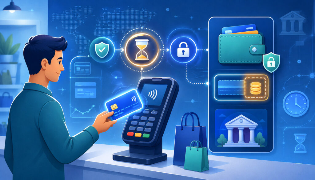 Authorization hold payment processing illustration with card terminal, pending funds, bank, clock, lock, and secure transaction icons