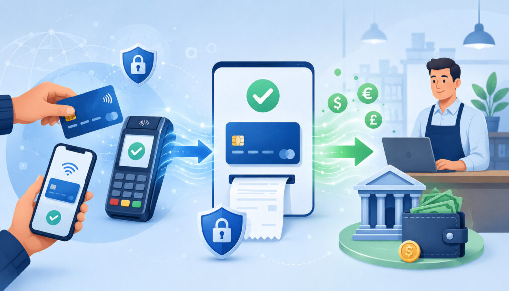Payment capture process with card terminal, secure approval, and merchant funds transfer