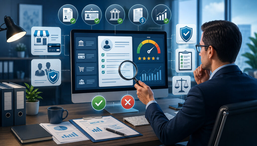 Underwriter reviewing merchant approval documents and risk checks