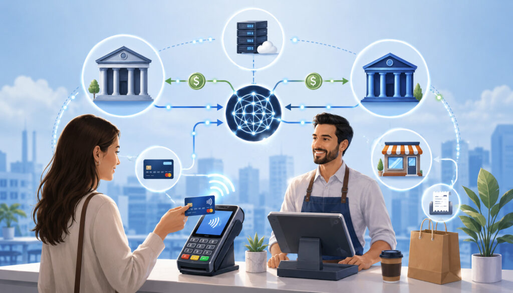 Customer card payment flow showing banks, merchant, and processor icons