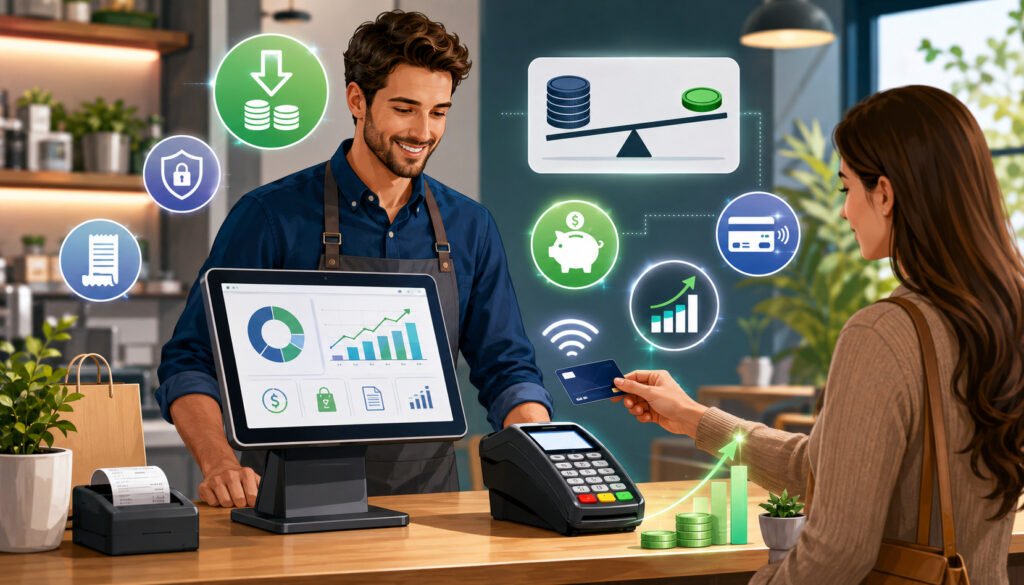 Merchant reviewing zero-fee credit card processing savings at checkout