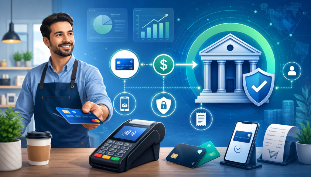 Business owner accepting a card payment linked to a business bank account