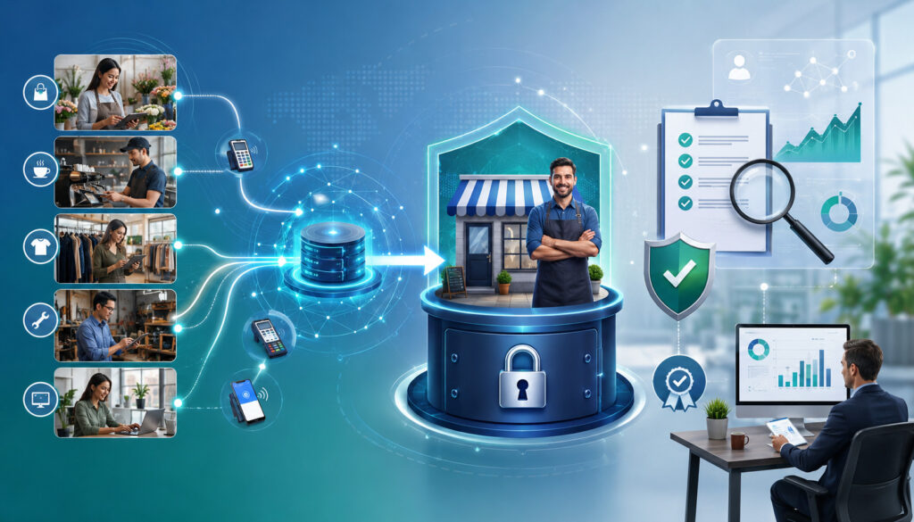 Dedicated merchant accounts, aggregated processing, and underwriting workflow illustration