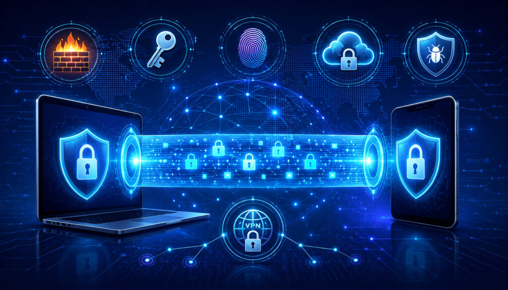 End-to-end encrypted data transfer compared with firewall, biometric, cloud, and network security methods
