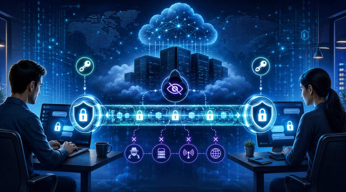 End-to-end encrypted communication between two users over a secure network