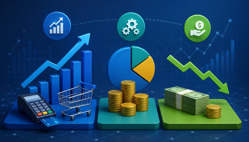Gross volume, processing revenue, and net residual illustration
