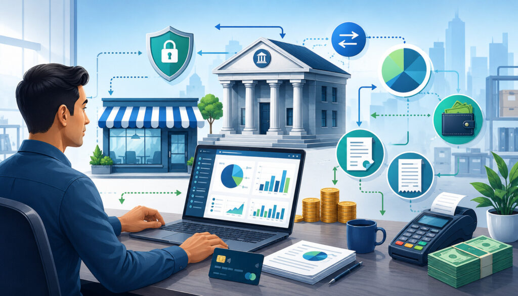 Business owner managing a bank account and digital payments
