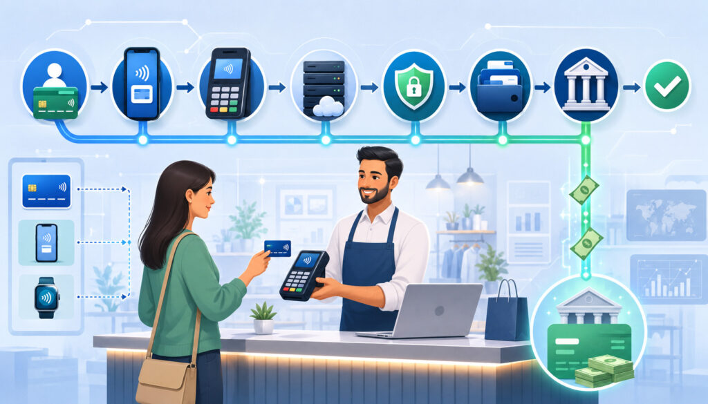 Customer card payment flowing through a merchant account to bank settlement