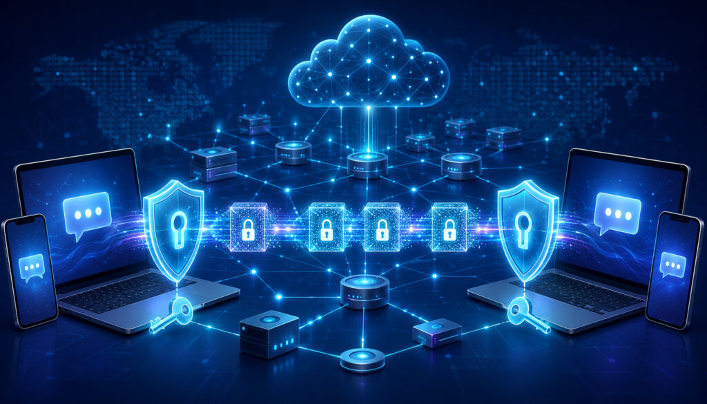 End-to-end encrypted communication secured with locks, shields, and connected devices
