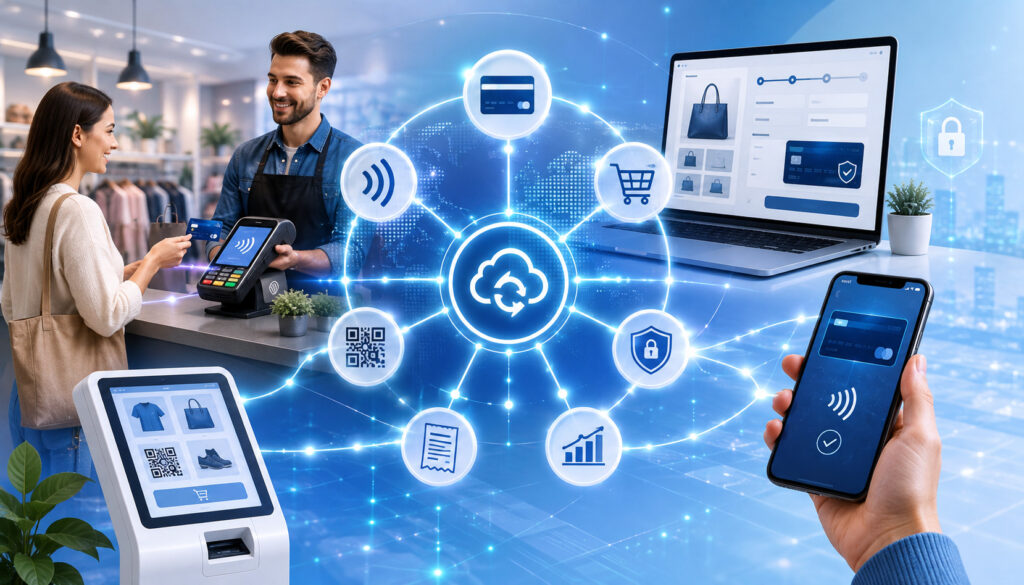 Customer using connected in-store, mobile, and online payment channels