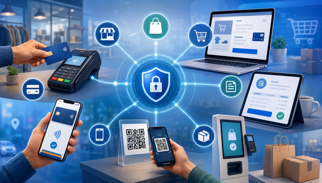 Omnichannel payment methods across online, mobile, in-store, QR, and kiosk channels