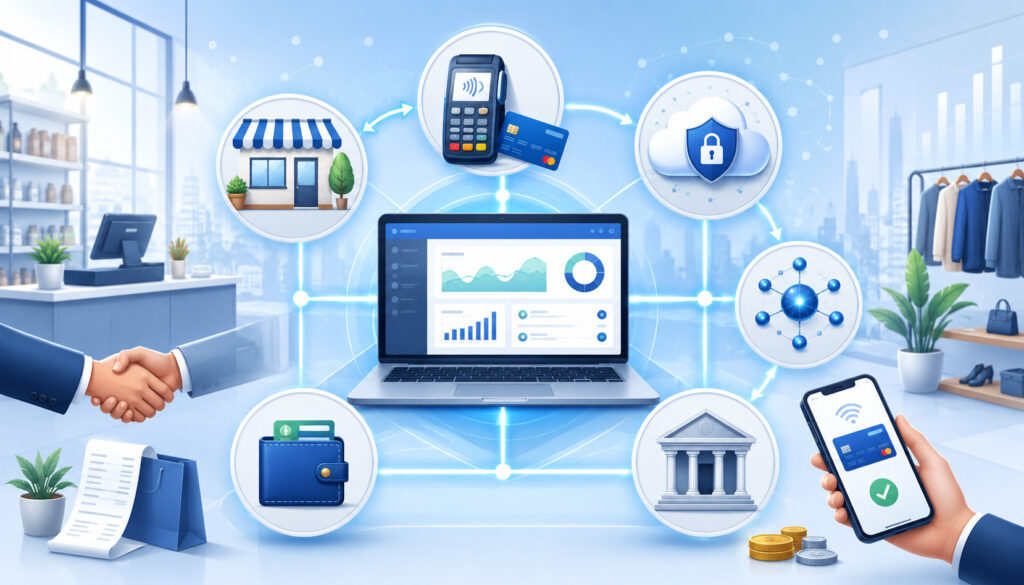 Merchant account and payment processing ecosystem with gateway, bank, POS terminal, and mobile payments