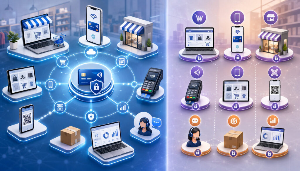 Omnichannel and multichannel payment systems across connected and separate sales channels