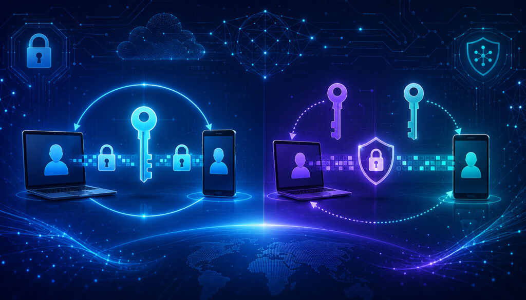 Symmetric and asymmetric encryption illustrated with secure devices, keys, locks, and data exchange