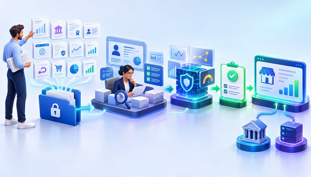 Dedicated merchant account underwriting documents including processing statements, bank records and business verification